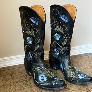 Women's Old Gringo Boots - Black with Blue Embroidered Flowers - Size 10